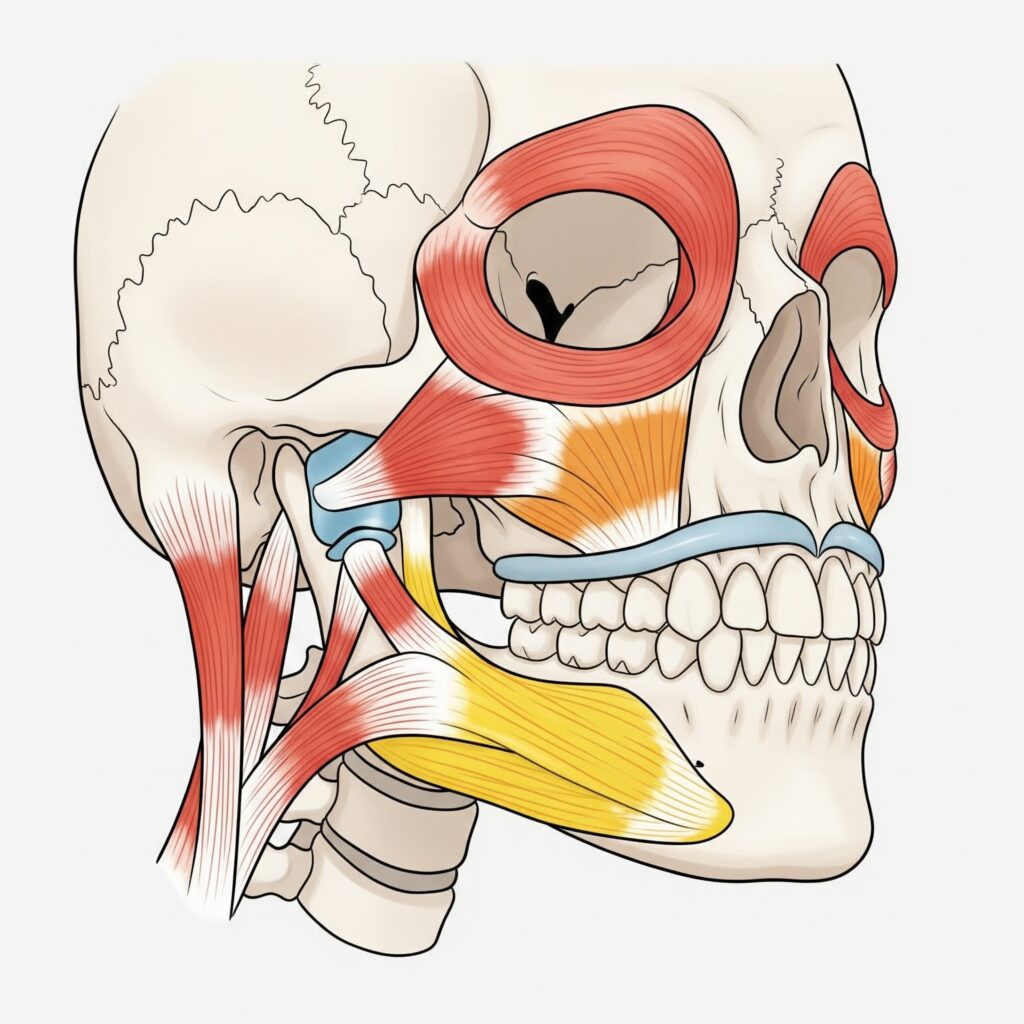 Anatomia dell'ATM e muscoli masticatori - Schema illustrativo dell'articolazione temporo-mandibolare e della muscolatura coinvolta nel bruxismo